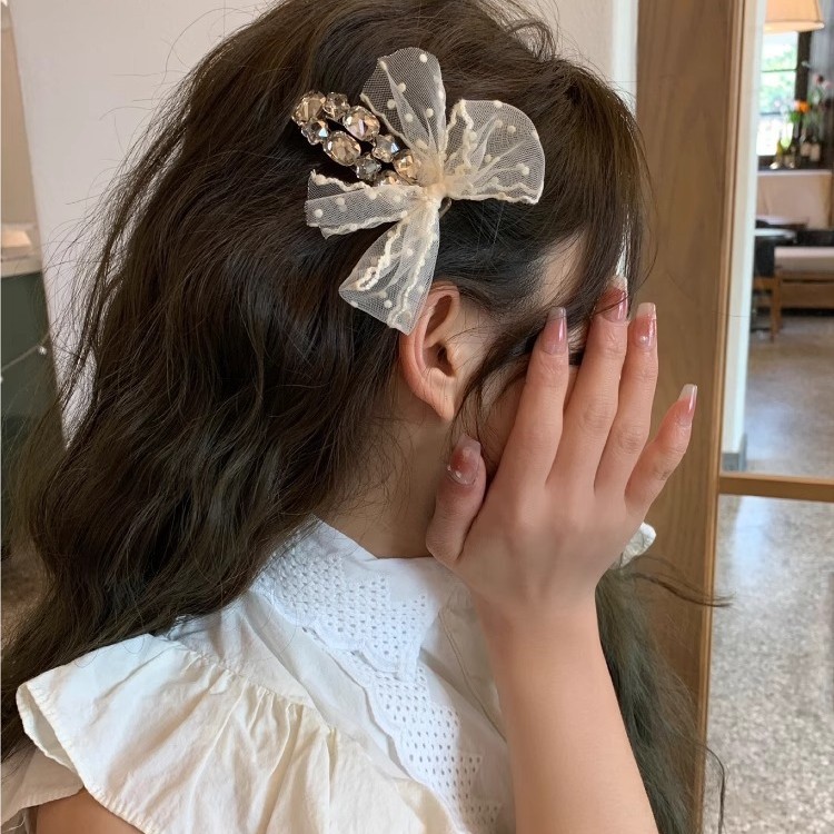 Korean tulle polka dot bow rhinestone hairpin 2025 new fashionable small fresh temperament side clip broken hairpin