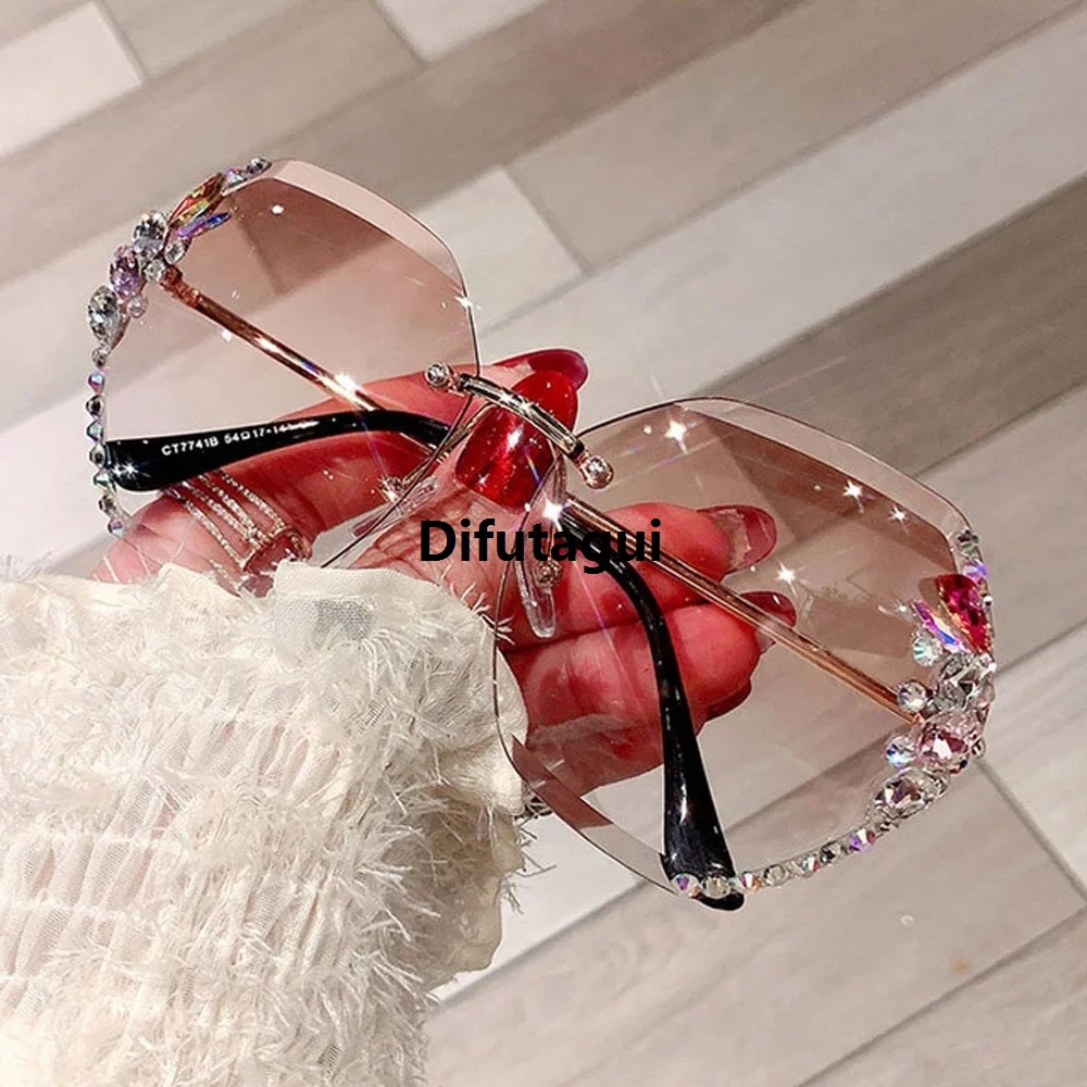 Difutagui Fifty percent discount 2024 Fashion Brand Design Vintage Rimless Rhinestone 2025 Sunglasses Women Men Retro Cutting Lens Gradient Sun Glasses Female UV400