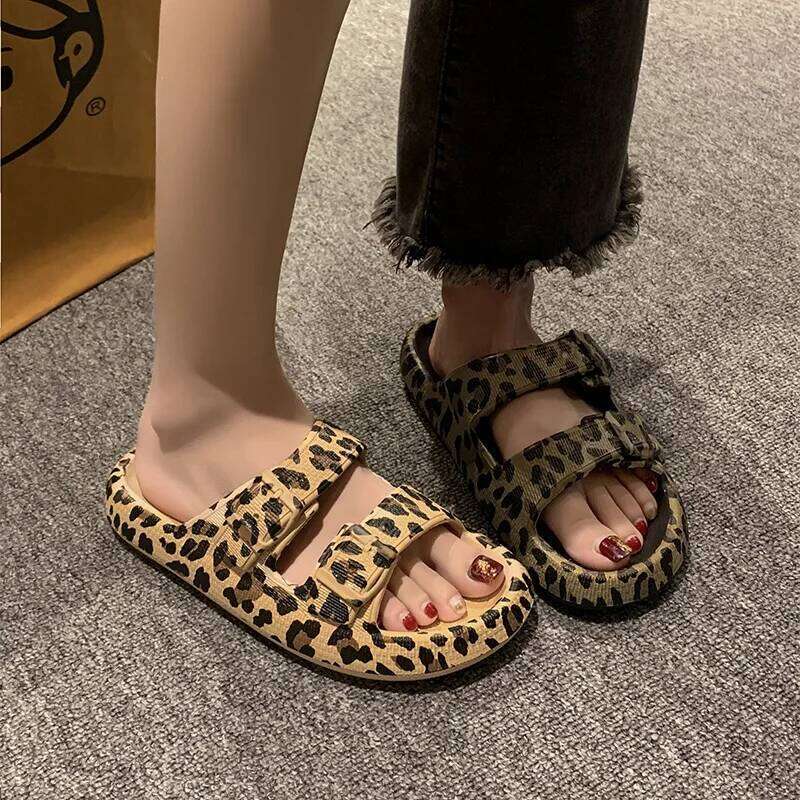Summer Womens Leopard Print Platform Slippers Casual Thick Sole Indoor and Outdoor Sandals Couple Beach Shoes