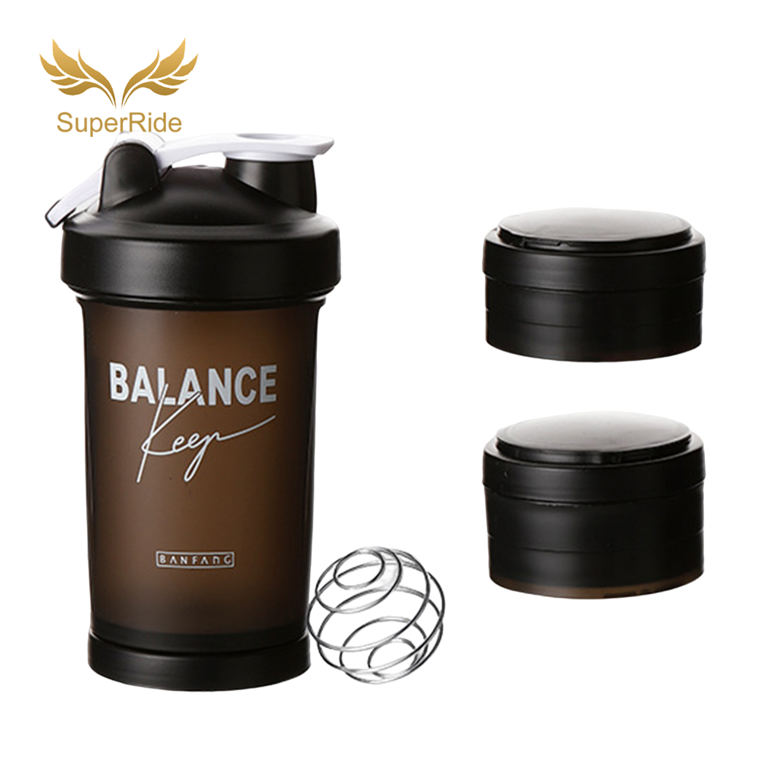 SuperRide 1 Set 500ml Shaker Bottle Large Capacity Leak Proof Drop-resistant Anti-slip with Handle Protein Mixer Sports Water Bottle with Pill Tray F