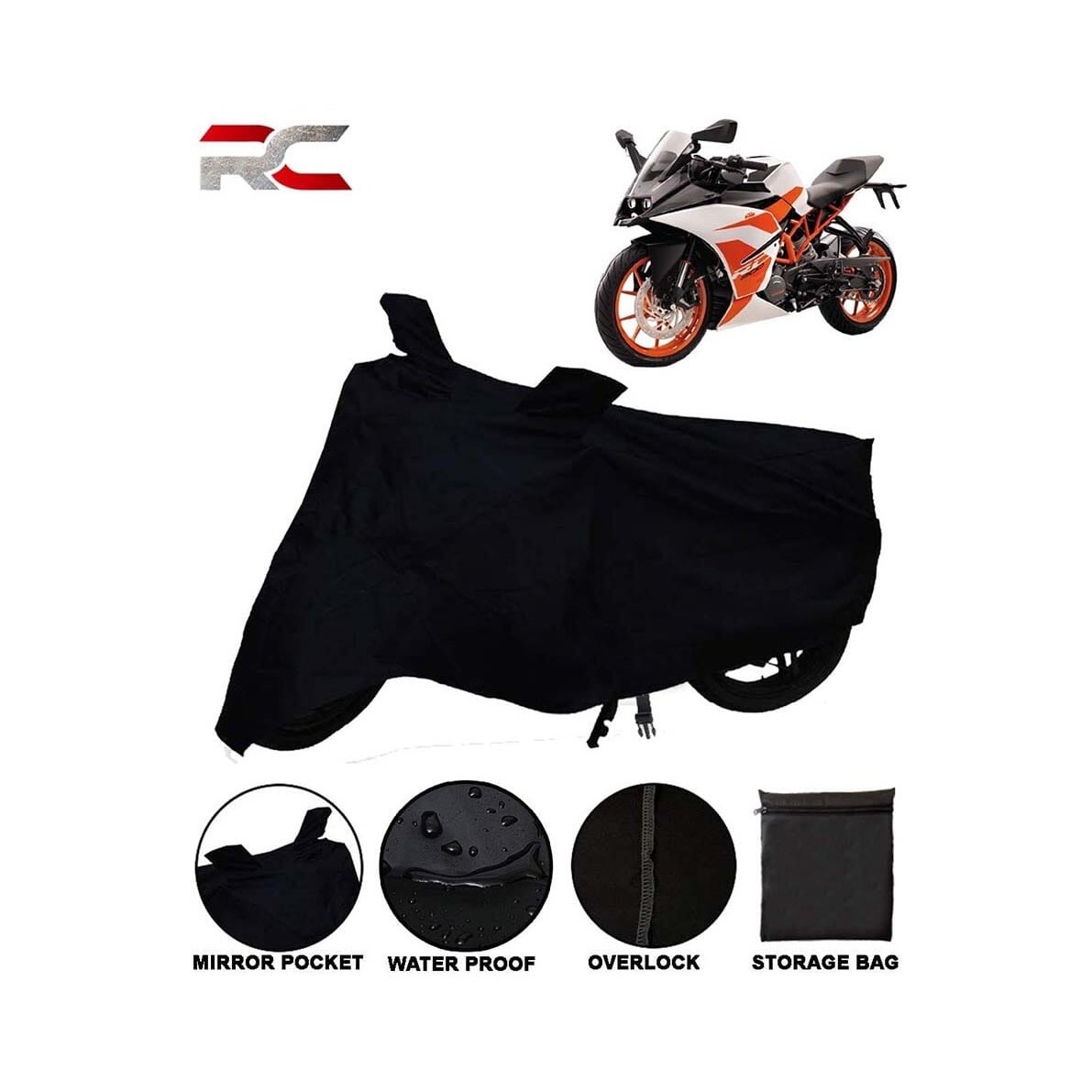 Waterproof Black Bike/Motorcycle Body Cover for KTM RC200 with Zip Storage Bag