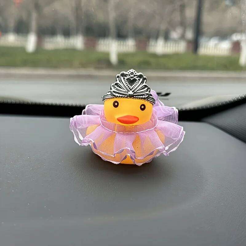 1 cute yellow duck ornament with a crown and pink dress, car decoration, holiday gift