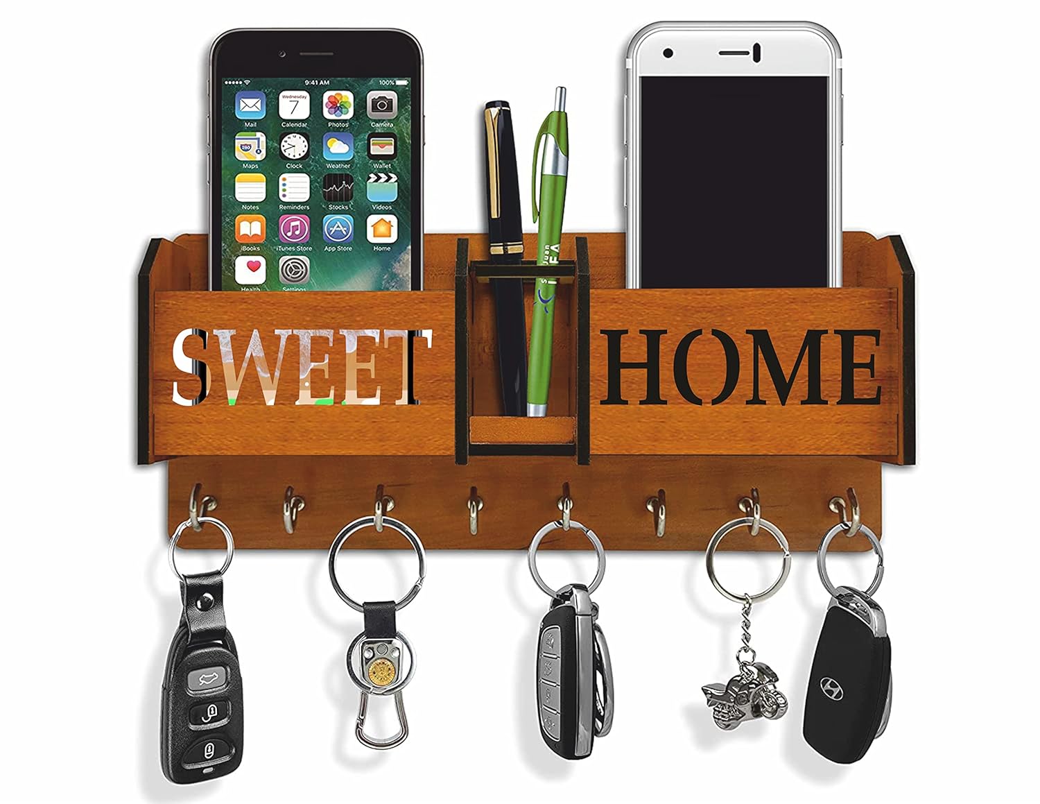 Wooden "Sweet Home" Wall-Mounted Key Holder with 6 Hooks - Multipurpose Organizer with Mobile & Pen Stand for Home and Office