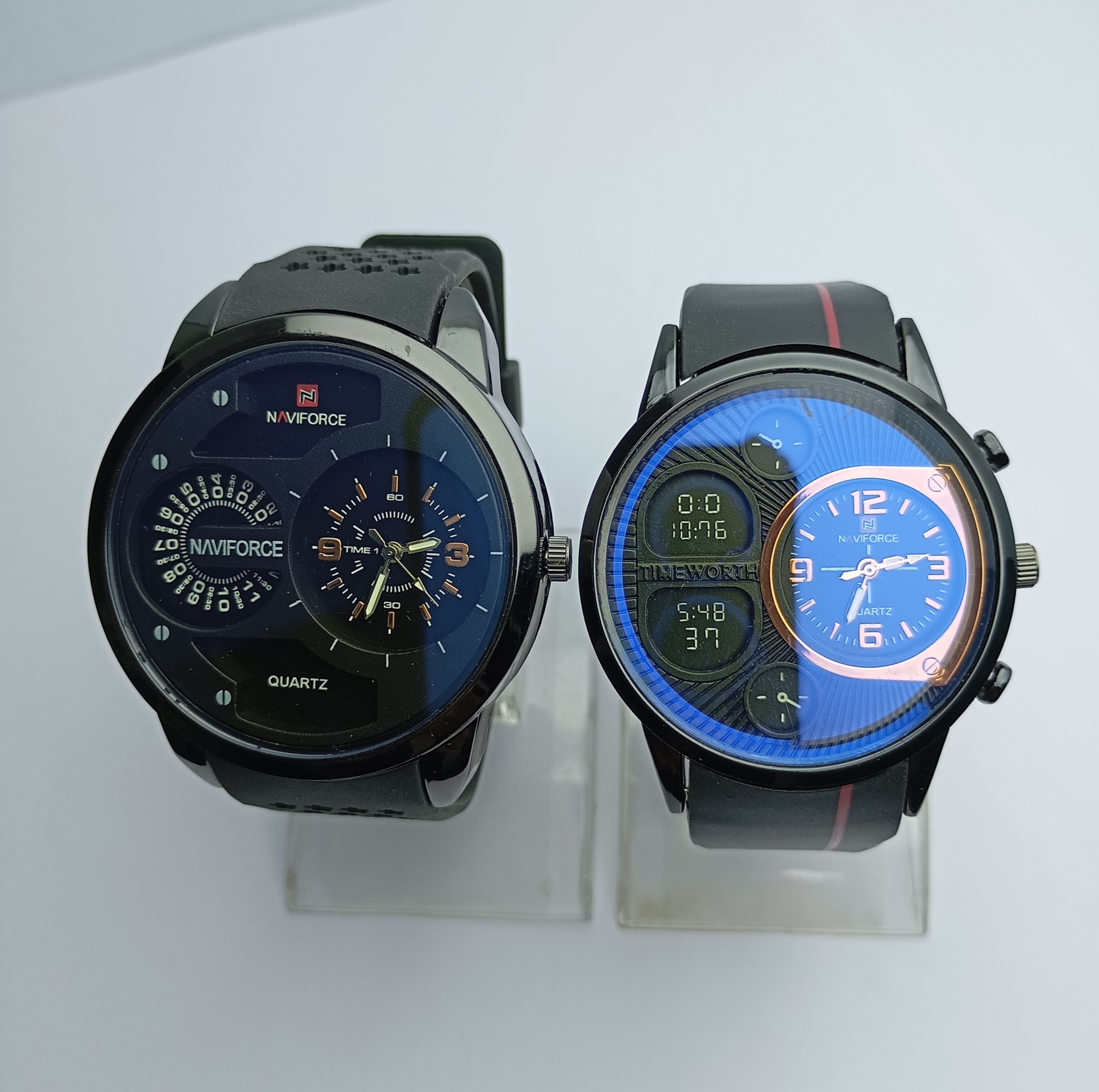 Pack Of 2 Pcs Watch || Casual Design Blue Rubber Belt Round Blue Dial Watch & Black Rubber Belt Digital (Only Design), Analog Designer Best Quality Wrist Watch For Men || Sold By Time Plaza