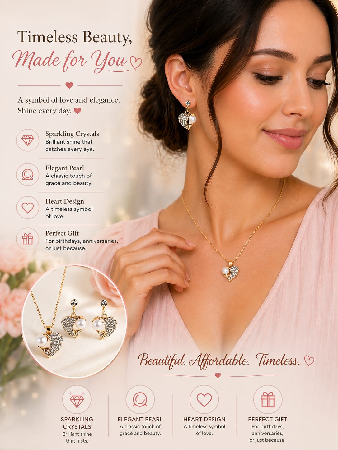 Women’s Elegant Vintage Heart-Shaped Necklace & Statement Earrings Jewelry Set - Stylish Party and Gift Accessories
