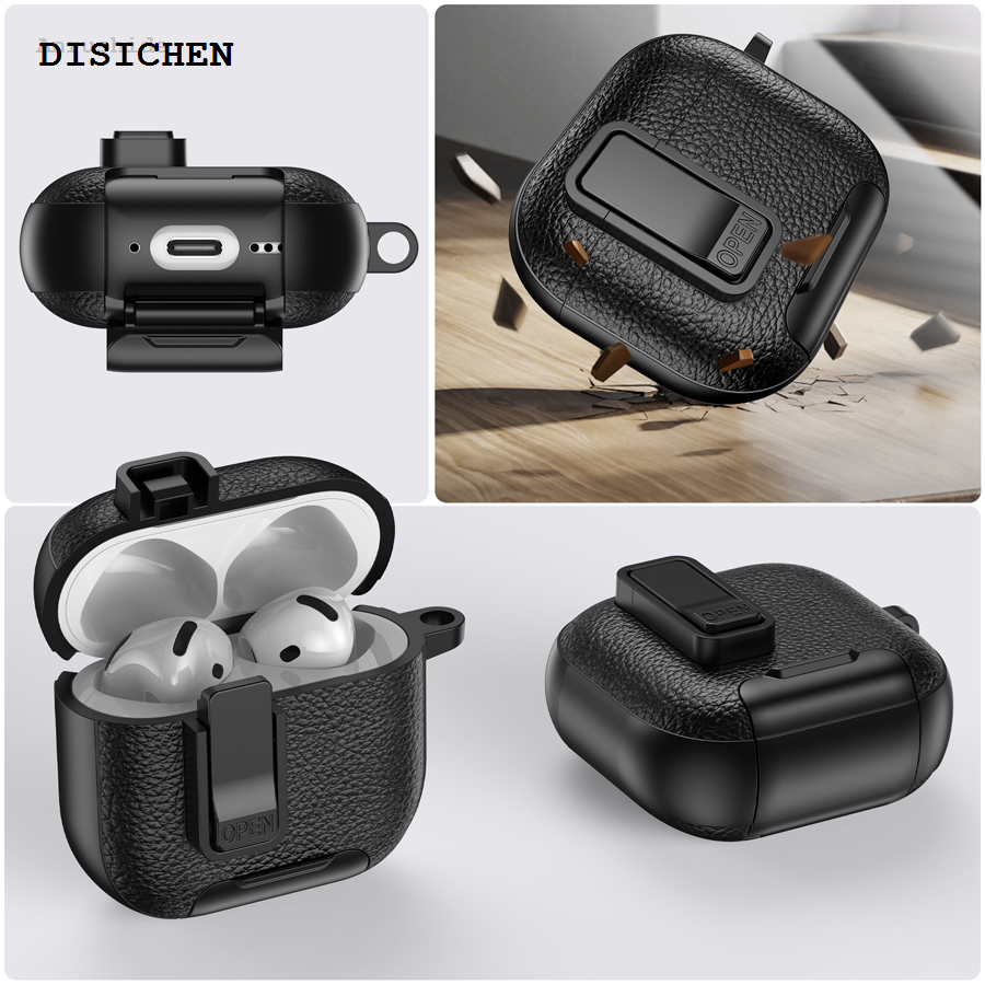 DISICHEN Luxury Anrushide For Airpods 4 Case Shockproof Cover Security Lock Protective Cover Sales promotion For Airpods Pro 2 Generation AirPods4 Leather Bracket Case