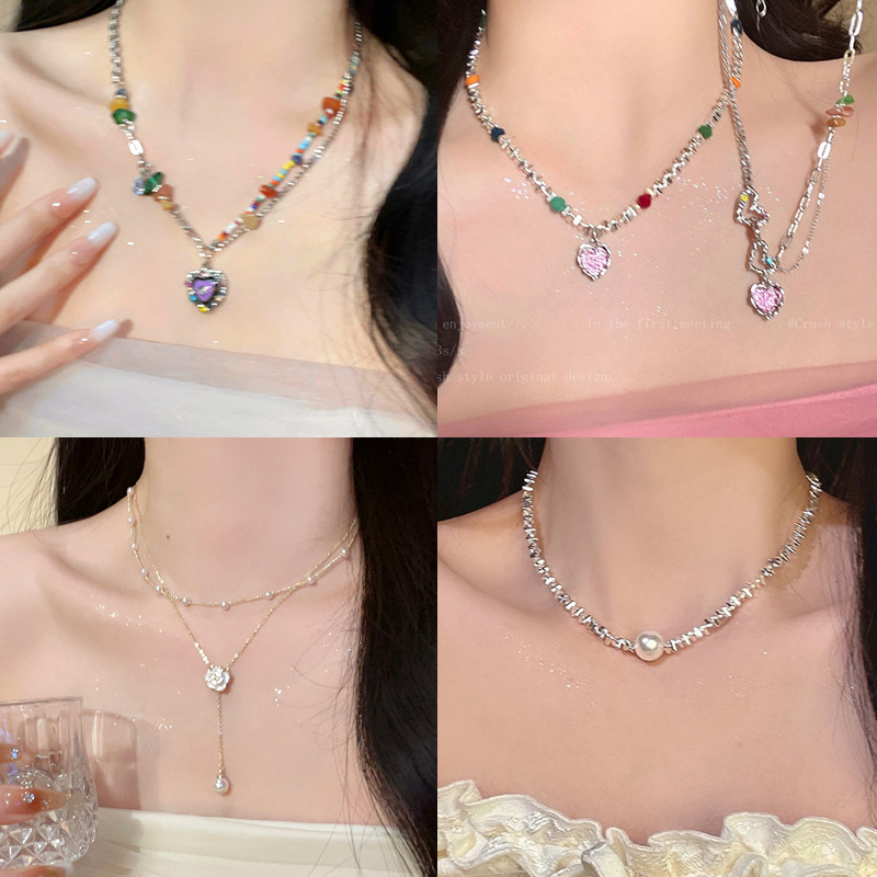 【Mega Sale】Autumn Winter New Black Love Niche Design Sweet Cool Style Pearl Clavicle Chain Fashion Accessories