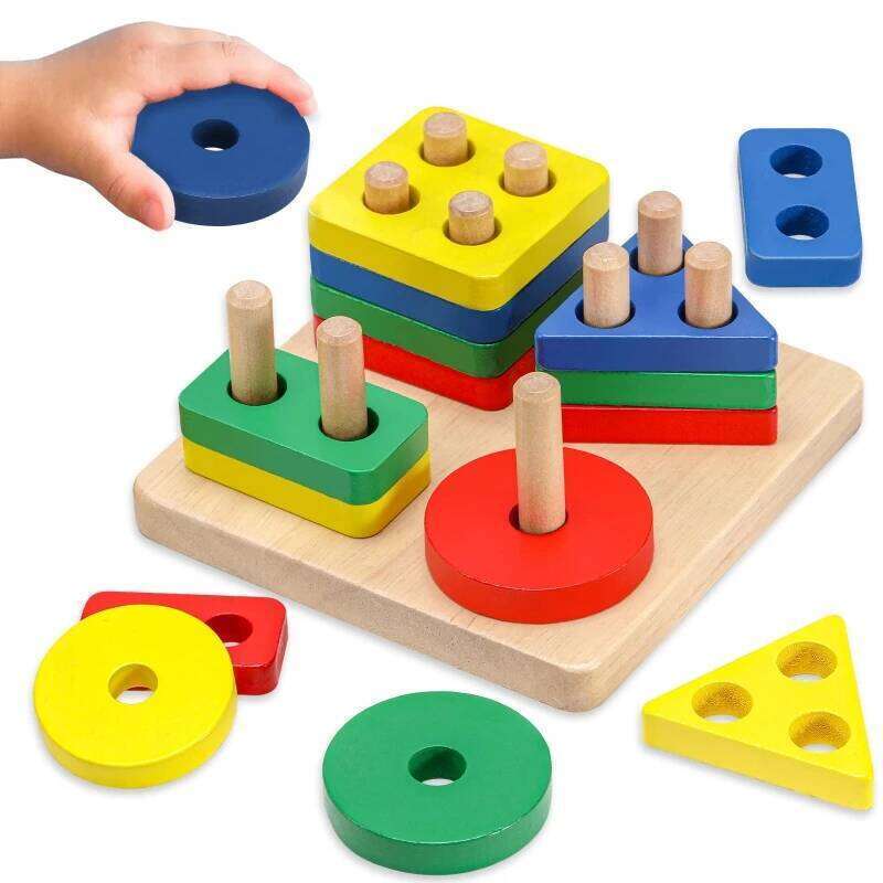 Wooden Toys Geometric Shapes Montessori Puzzle Color Sorting Math Bricks Baby Preschool Learning Educational Games