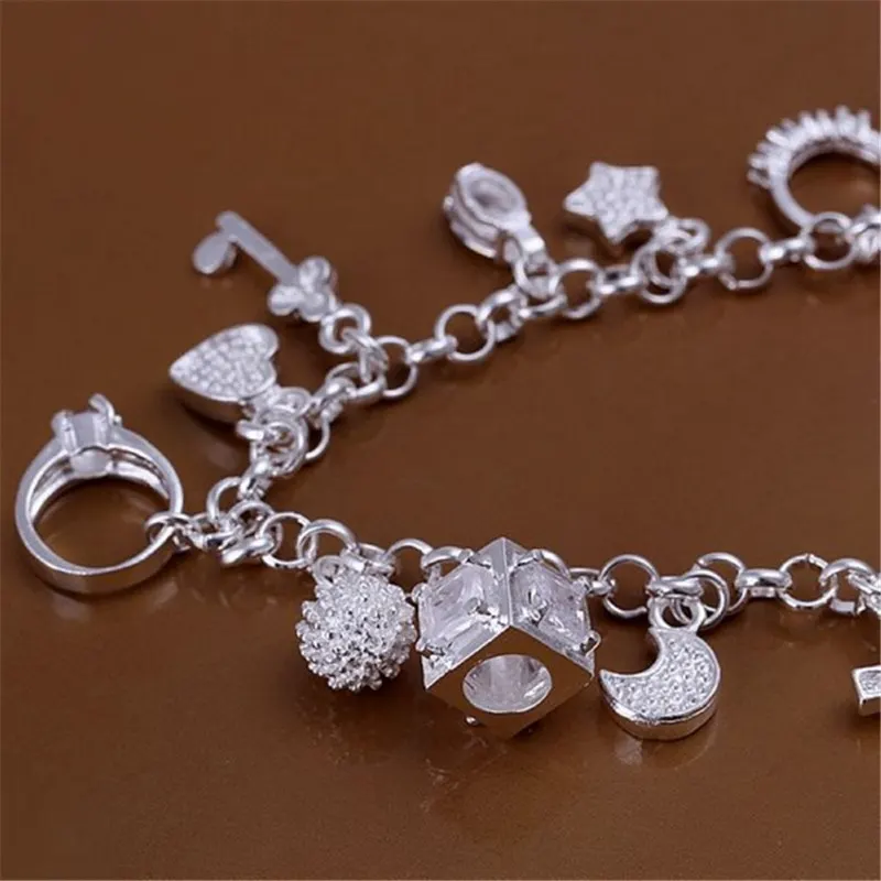 HOT Valentine Gift Charm 925 Silver Color Jewelry Fashion Bracelets Cute Women Lady Wedding Charms