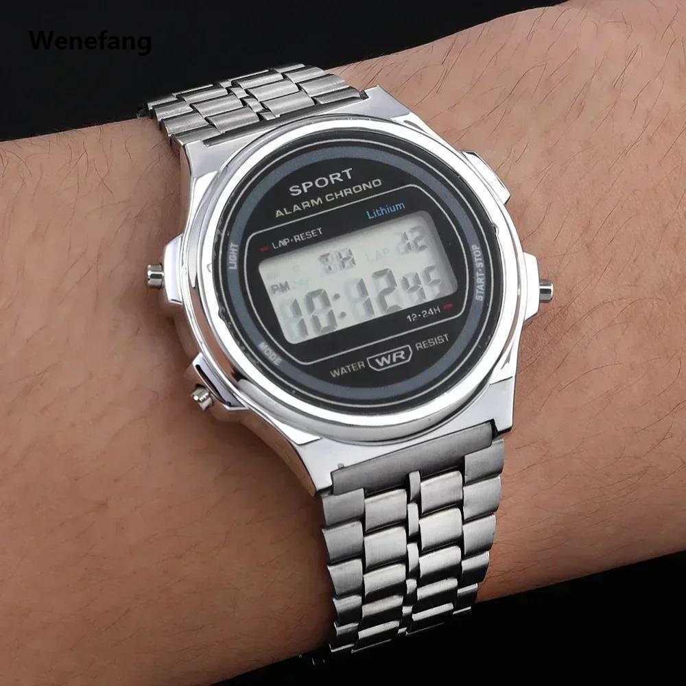 Wenefang 2024 Digital Sports Waterproof Wristwatches for Men Women Multifunction 2025 New LED Electron Clock Wrist Watch Retro Steel Strip Watches