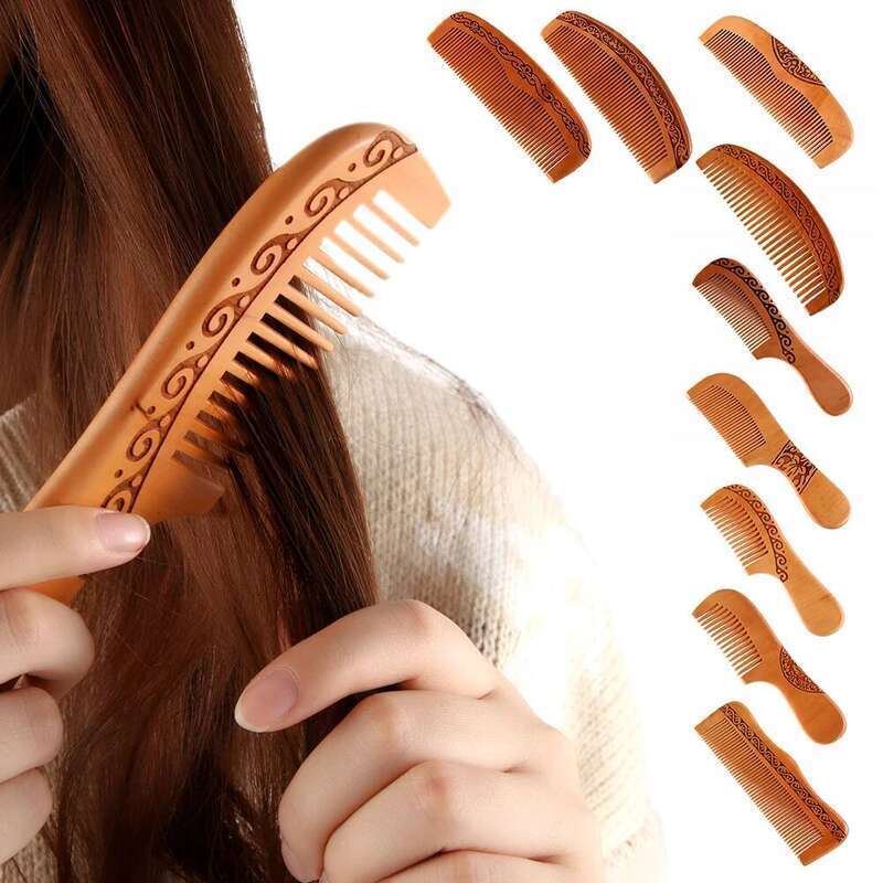 1PC Natural Peach Wood Handcrafted Fine Tooth Anti-Static Head Massage Hairbrush Classic Comb Styling Hair Care Tool