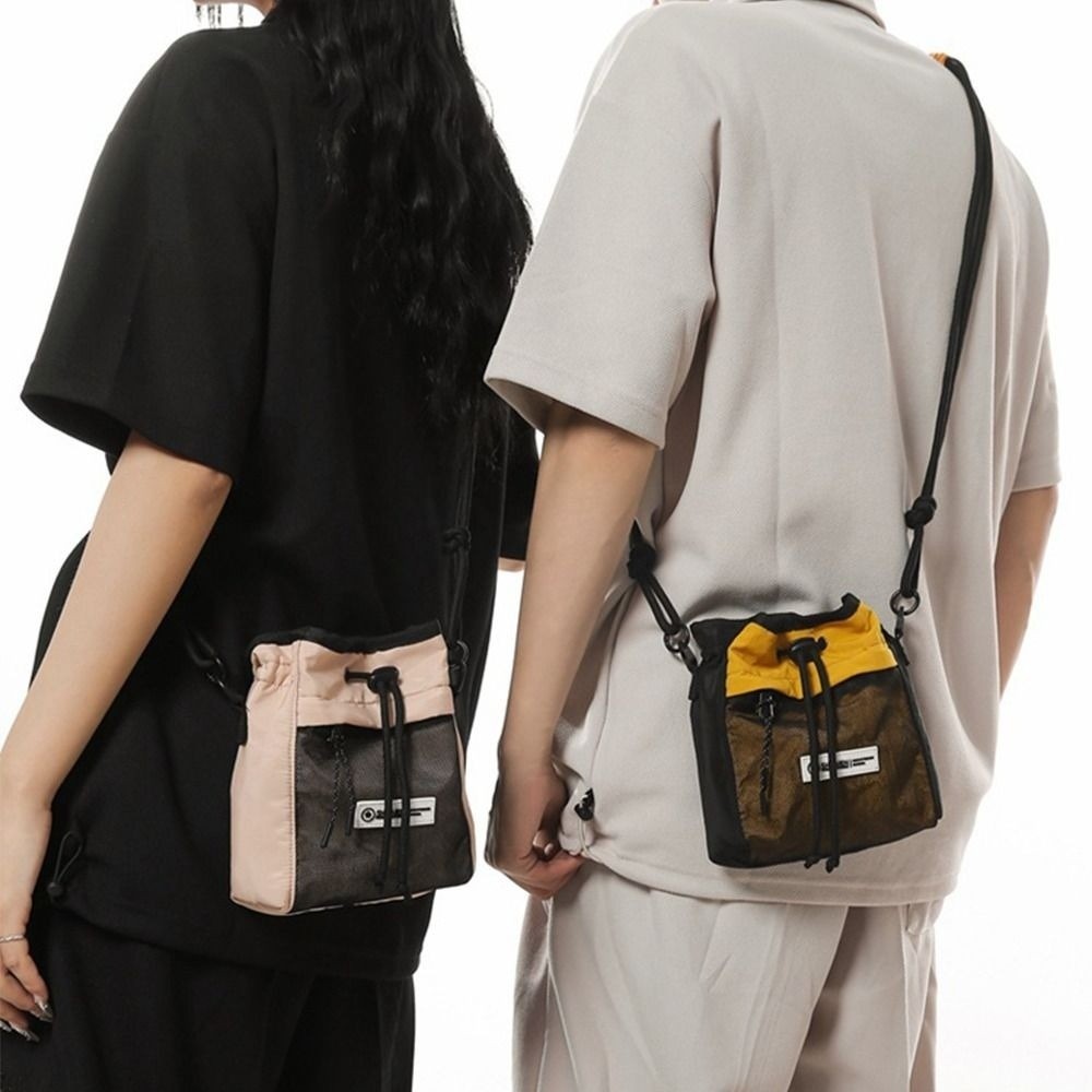 Portable Nylon Drawstring Crossbody Bag Pleated Square Men Messenger Bag Lightweight Mini HandBag Boy