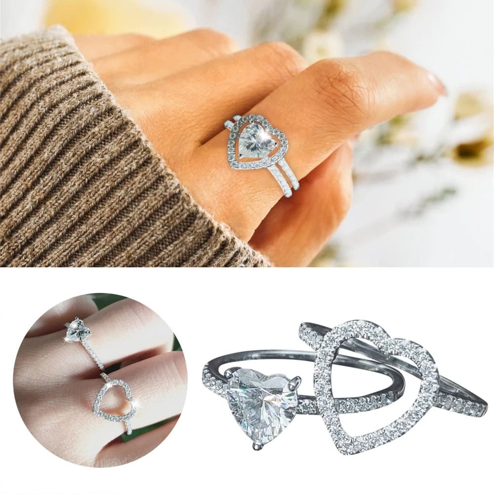 Wedding Jewelry 2pcs Heart Full Diamond Ring Set Cubic Zirconia Luxury Stackable Ring Exquisite Silver Engagement Ring