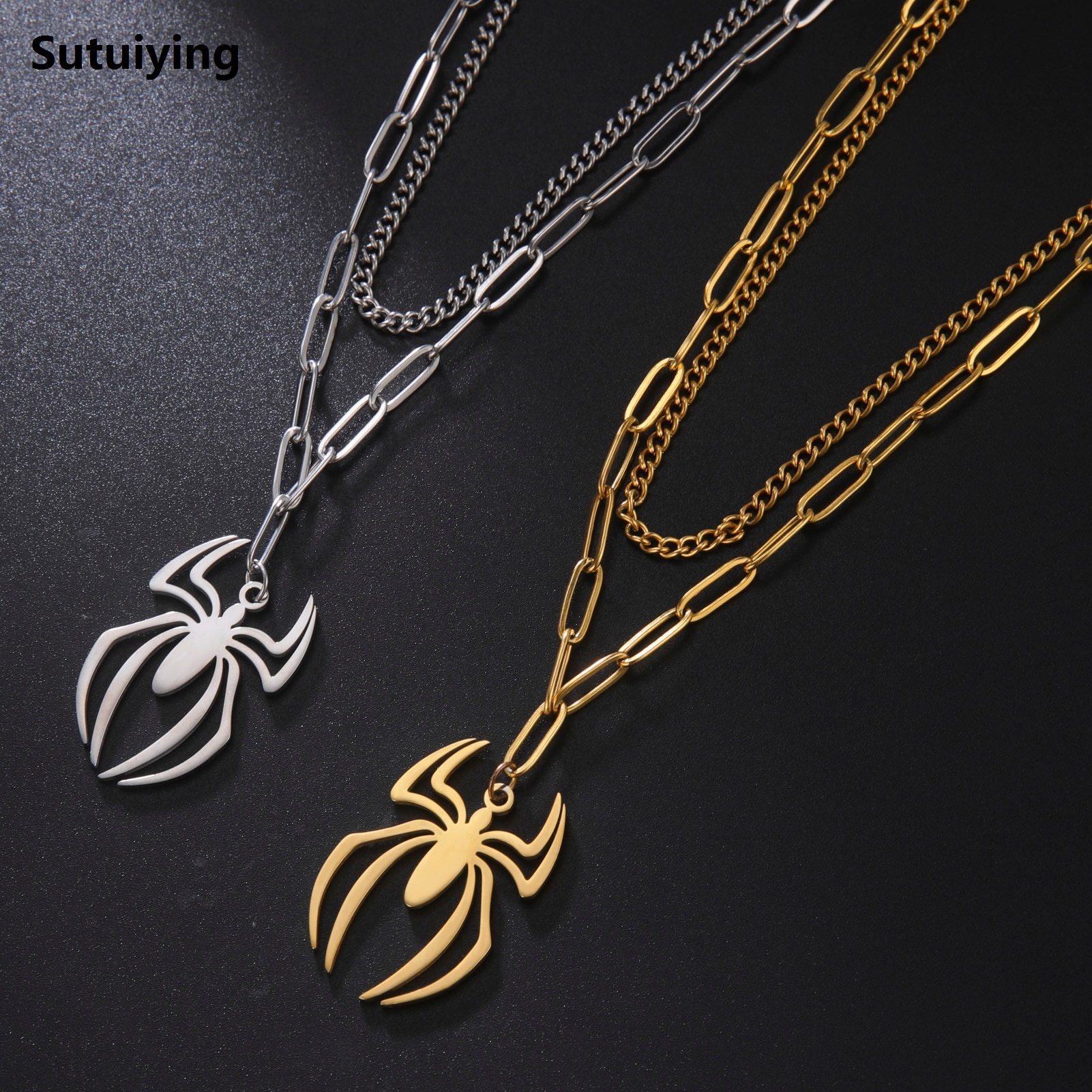 Sutuiying Skyrim Punk Spider Pendant Necklace for Women Men Stainless Steel Double Layer Clavicle Neck Chain Hip Hop Animal Jewelry Gift