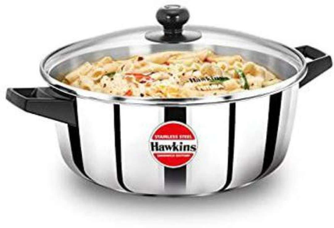 Hawkins Stainless Steel Cook And Serve Casserole With Glass Lid Pot 28 Cm Diameter 5 L Capacity (Stainless Steel, Induction Bottom) (SSCB50G)