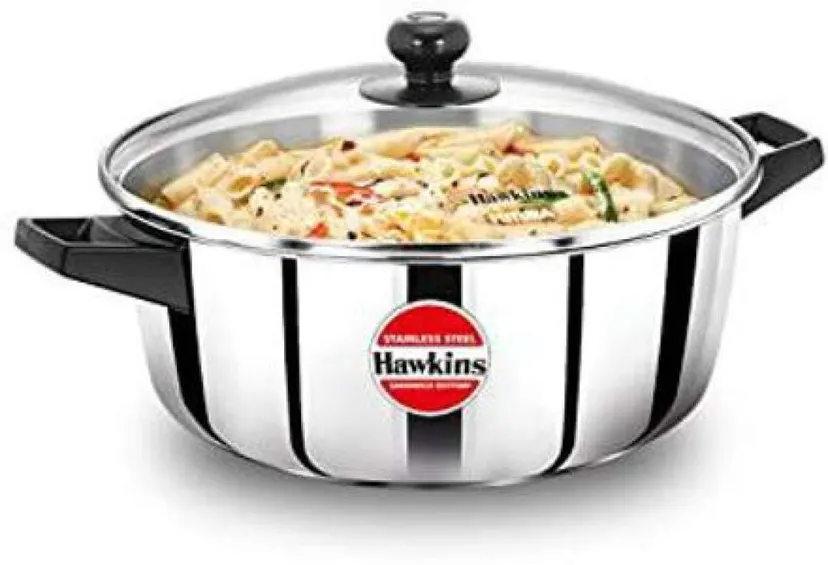 Hawkins Stainless Steel Cook And Serve Casserole With Glass Lid Pot 28 Cm Diameter 5 L Capacity (Stainless Steel, Induction Bottom) (SSCB50G)