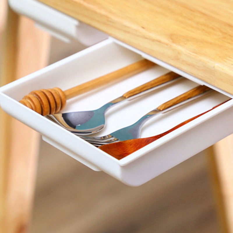 1Pc 2-Sizes Multifunctional Self-Adhesive Under Desk Drawer Storage Box Pencil Tray Plastic Space-saving Hidden Stationery Organizer Office Accessories