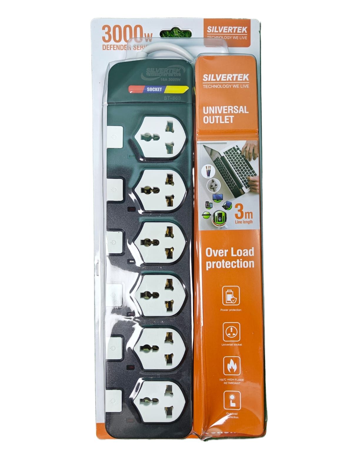 3000W Silvertek Multiplug (with individual switch) | 6charging port | 3 meter wire | Extension Cord | Best usage for Home, Office, School , Fish Tank
