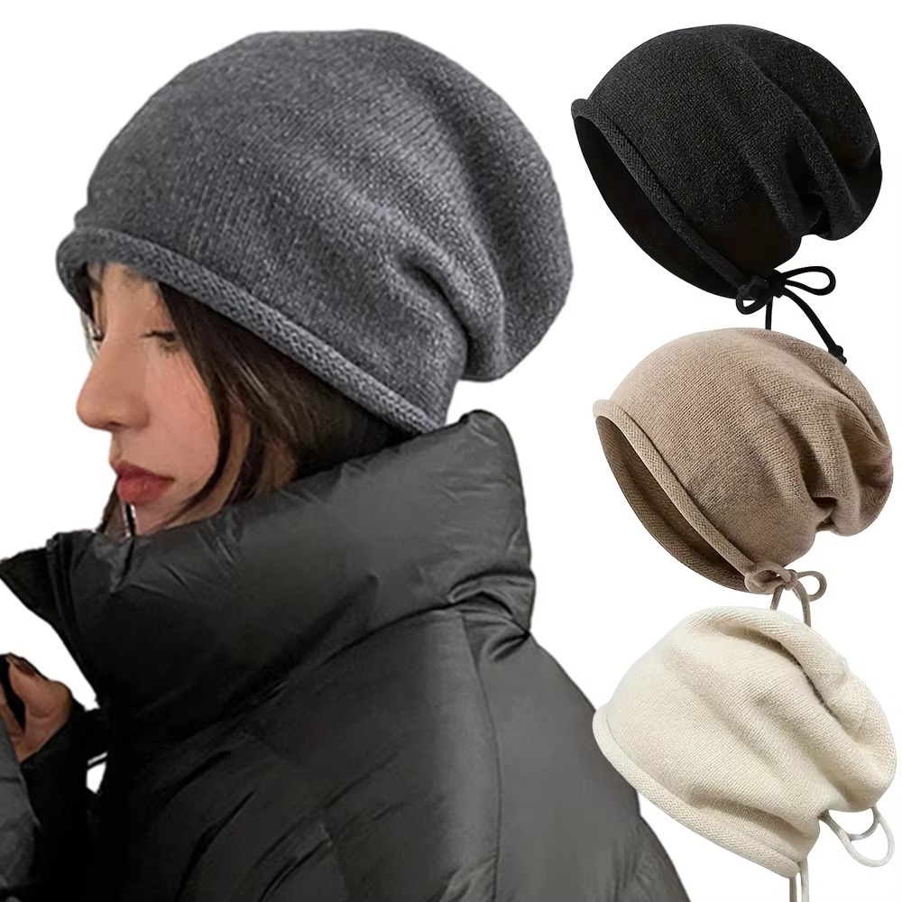 Cute Cat Ear Beanie Cap Thickened Solid Color Knitted Woolen Hat Windproof Winter Warm Crochet Hat