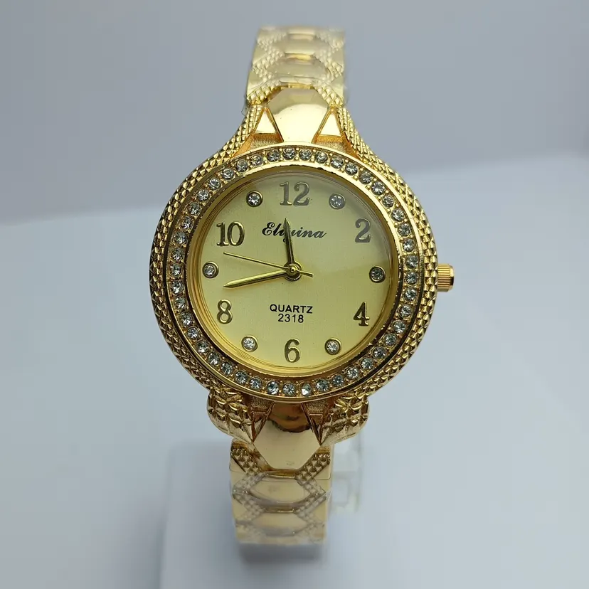 Eliyina Luxury Design Watch For Ladies | Fashionable Stone Curved Stainless Steel Gold Chain Round Numbering Gold Dial Quartz Waterproof Watch For Women