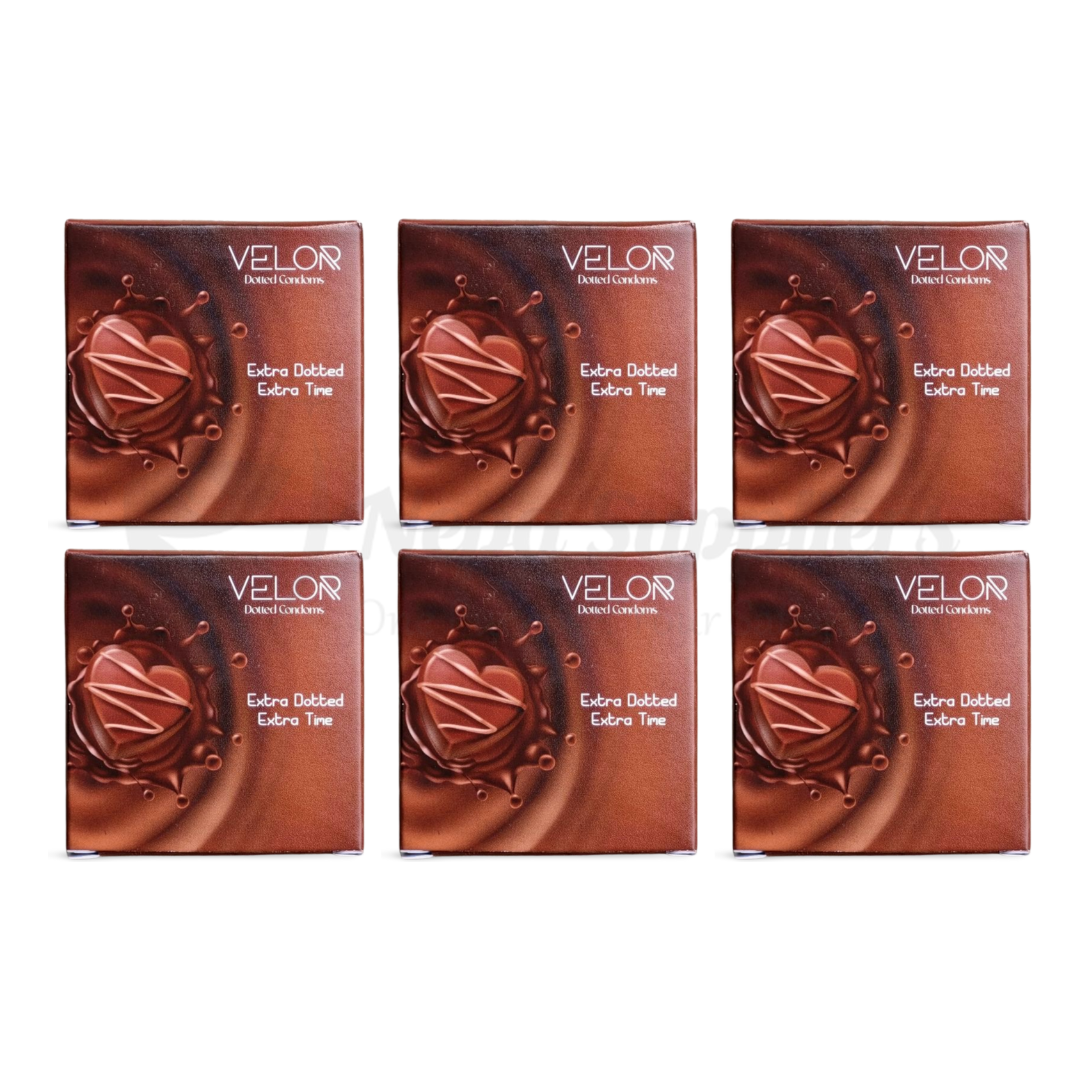 VELOR | Dotted Condoms | Extra Dotted Extra Time | Chocolate Flavor | 3 Pcs | Pack of 6