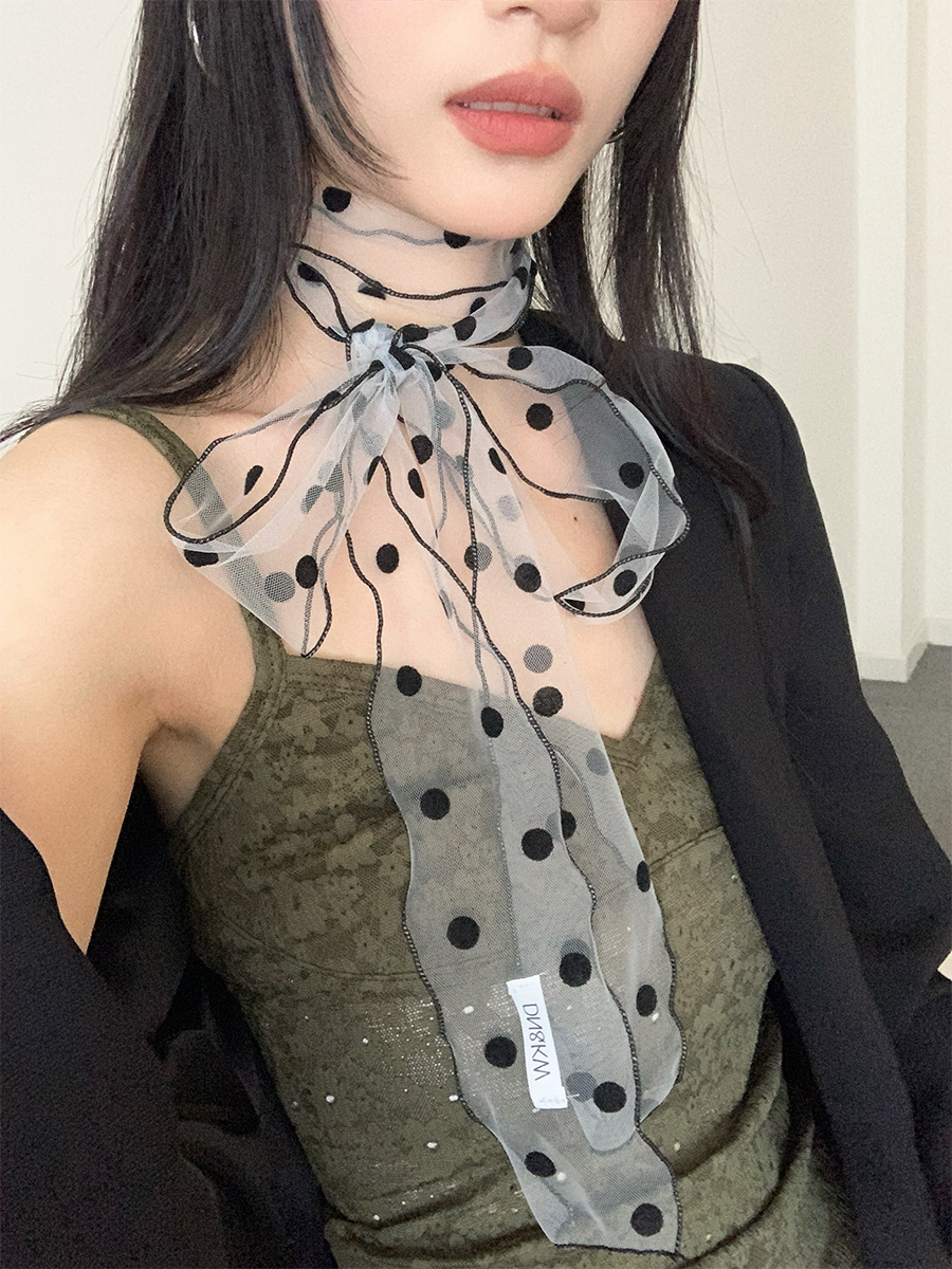 NEW 2025 polka dot scarf women's fashion lace mesh summer new light sweet multifunctional neck accessory with ribbon