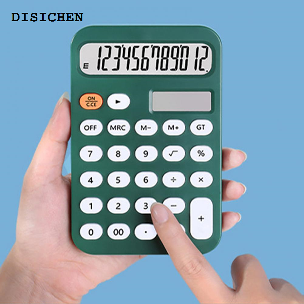 DISICHEN Original Desktop Calculator Solar Powered Battery Operated 12 Digits Oval Buttons LCD Display Finance Student Calculator Office Supplies