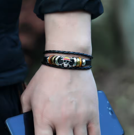 One Piece Luffy Pirate Bracelet - Anime Punk Black Leather Braided Bangle - 1 Piece
