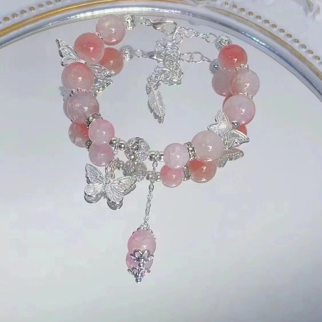 【Best Price Guaranteed】Super Fairy Flower Butterfly Pink Glass Red Book Beaded Bracelet Women's Trendy Girlfriend All-Match Simple Light Luxury