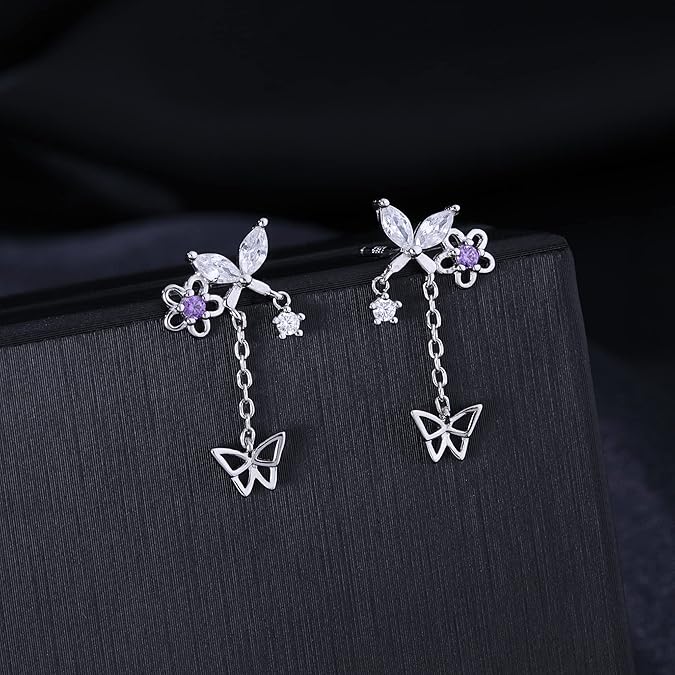 1 Piece Silver Tiny Butterfly Chain Drop Earrings for Women & Teens - Cute CZ Flower Dangle Earrings