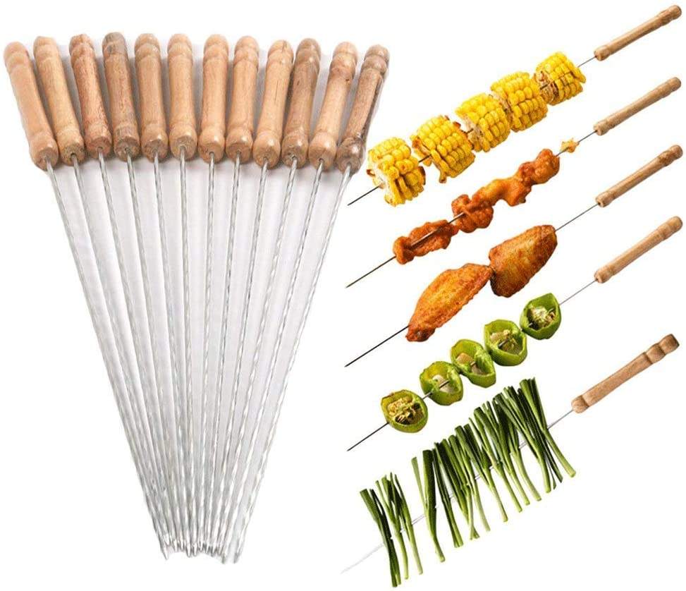 Stainless Steel BBQ Skewers with Wooden Handle - Professional Barbecue Meat Sticks, Reusable Grill Needles for Kebab, Mutton, Chicken, Vegetables & Marshmallow Roasting