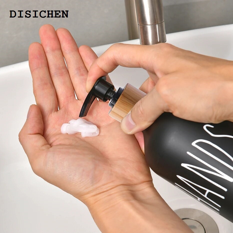 DISICHEN High Quality Kitchen Soap Dispenser Bottle Matte Black Refillable Hands Dishes Press Bottle Bamboo Wood Pump Bathroom Storage Bottle 500ML