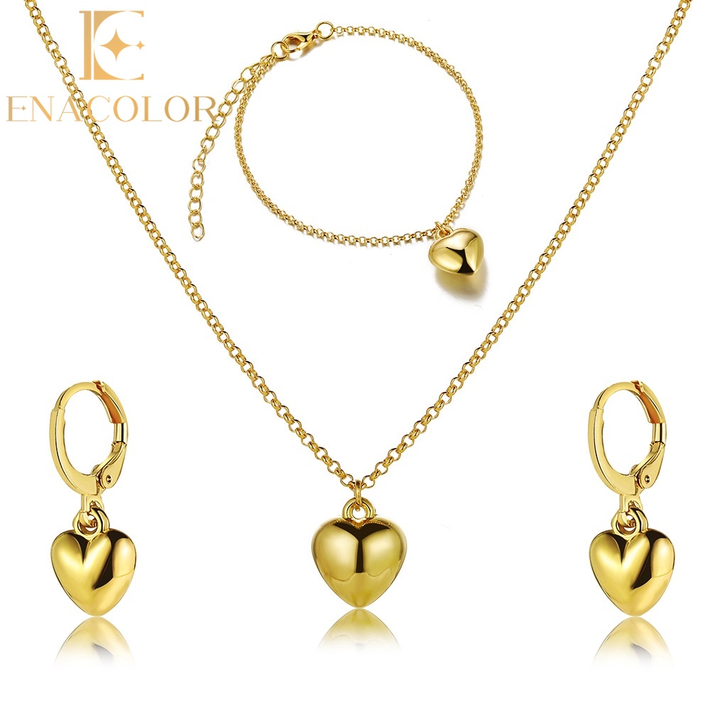 Enacolor 4Pcs Elegant Gold Metal Heart Necklace Earrings for Women Girl Party Valentine's Day Gift Jewelry Set