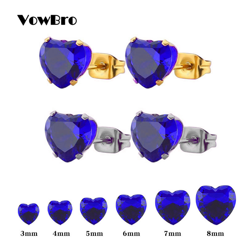 【Happy LifeStore】VowBro New 316L Stainless Stud Earring Heart Shape Blue Rhinestone Crystal Earrings For Wo Jewelry