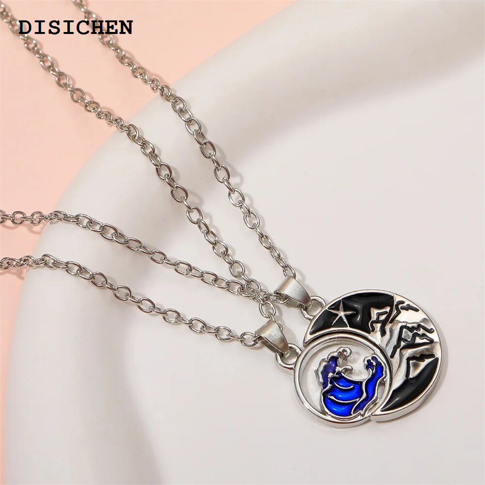 DISICHEN Sales promotion Cute Sun And Moon Pendant Necklace Blue Black Colors Mountain Sea Wave Chain Choker For Lovers Couple Best Friends Party Gift