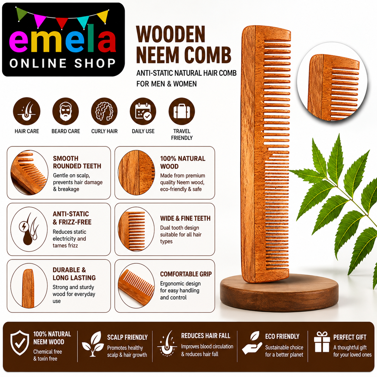 1 Pc Natural Peach Solid Wood Comb