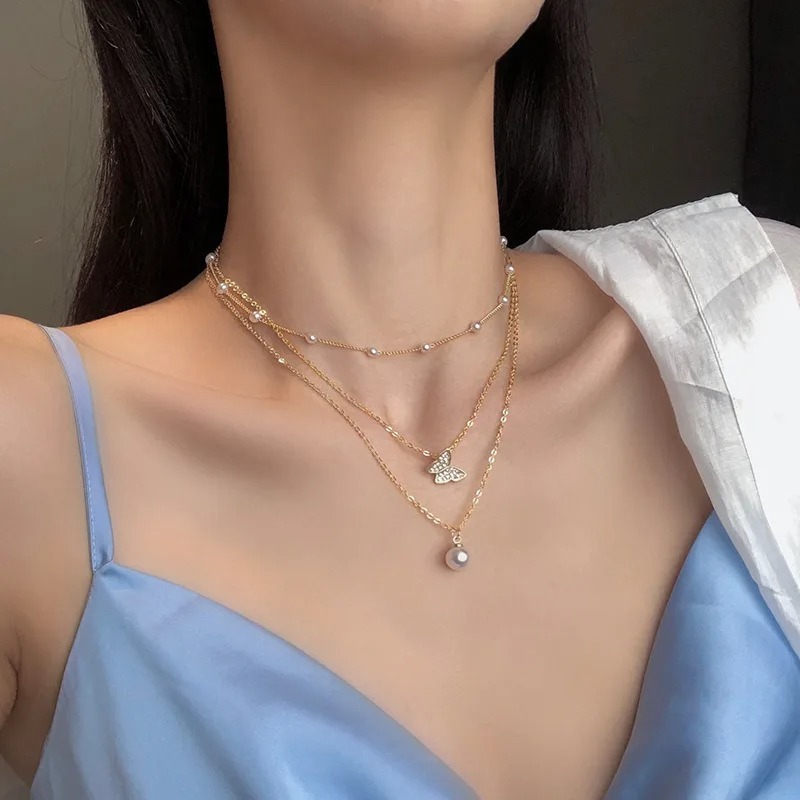 1 Piece 3 Layer Pearl & Butterfly Necklace for Women | Gold Plated Layered Butterfly Pendant Necklace | Adjustable Non-Tarnish Fashion Jewelry Gift