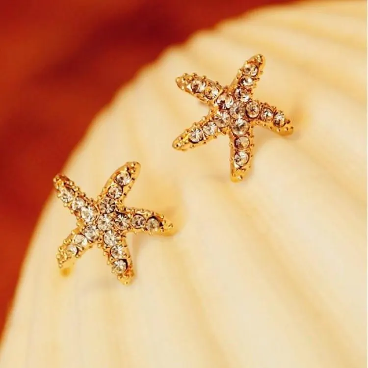 3 Pairs Set Gold Plate Elegant Rhinestone Sea Starfish Stud Earring