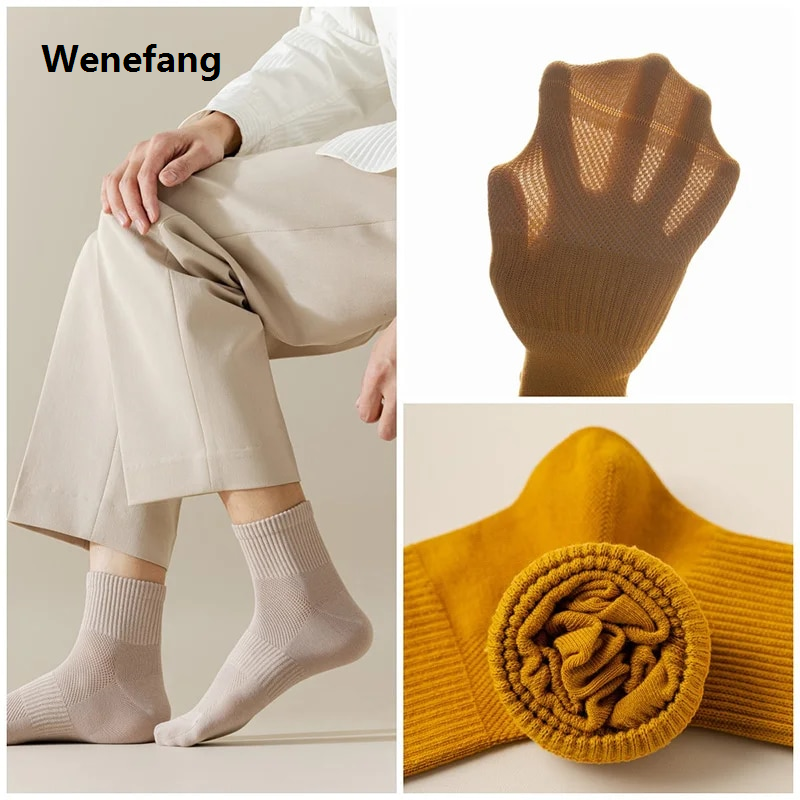 Wenefang 5 Pair Men's 100% Cotton Socks High Quality Breathable Mesh Socks New style Durable Solid Color Casual Socks Fashion Dress Socks Man