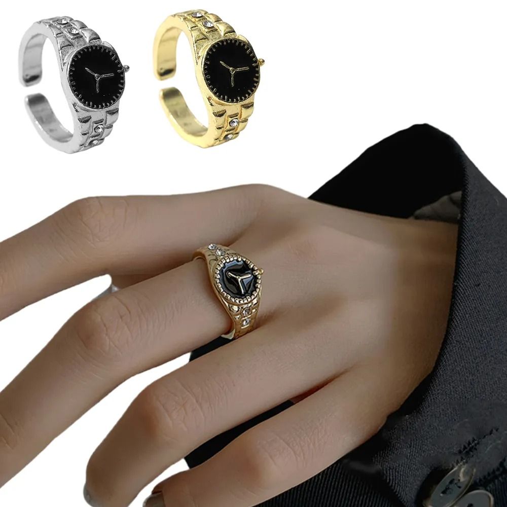 Creative Alloy Watch Shape Rings Vintage Jewelry Adjustable Opening Rings Punk Gift Watch Finger Ring Men