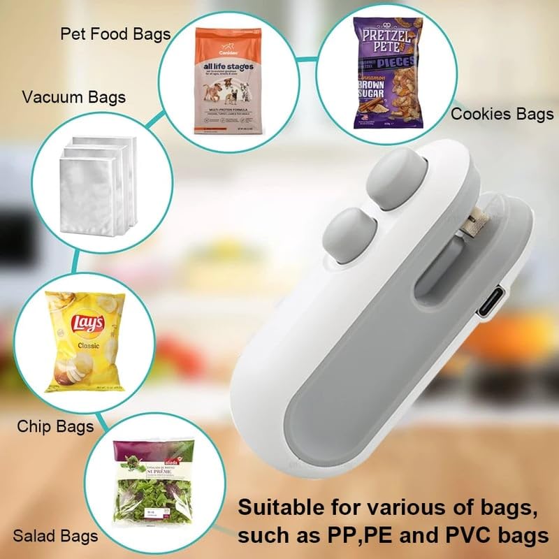 Mini Bag Sealer, 500 MAH 2024 New 2 in 1 Usb Rechargeable Chip Bag Sealer Heat Seal, Portable Handheld Rechargeable Vacuum Food Sealer Bag Sealing Machine for Snacks Chips Fresh Storage (White)