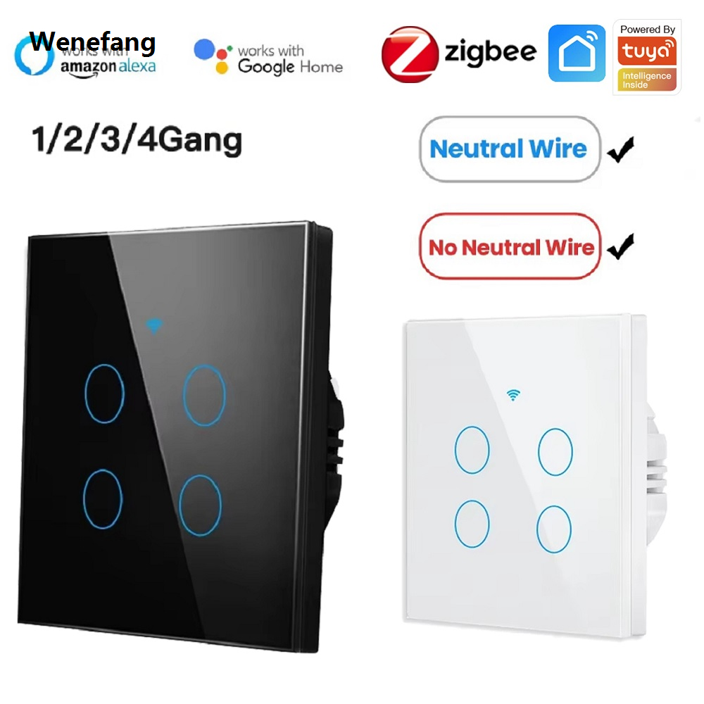 Wenefang ZigBee Wall Touch Smart Switch, 1/2/3/4 gang, No-Neutral/Wire LED Hot Selling light control Wall Button, smart voice with Alexa Google Home