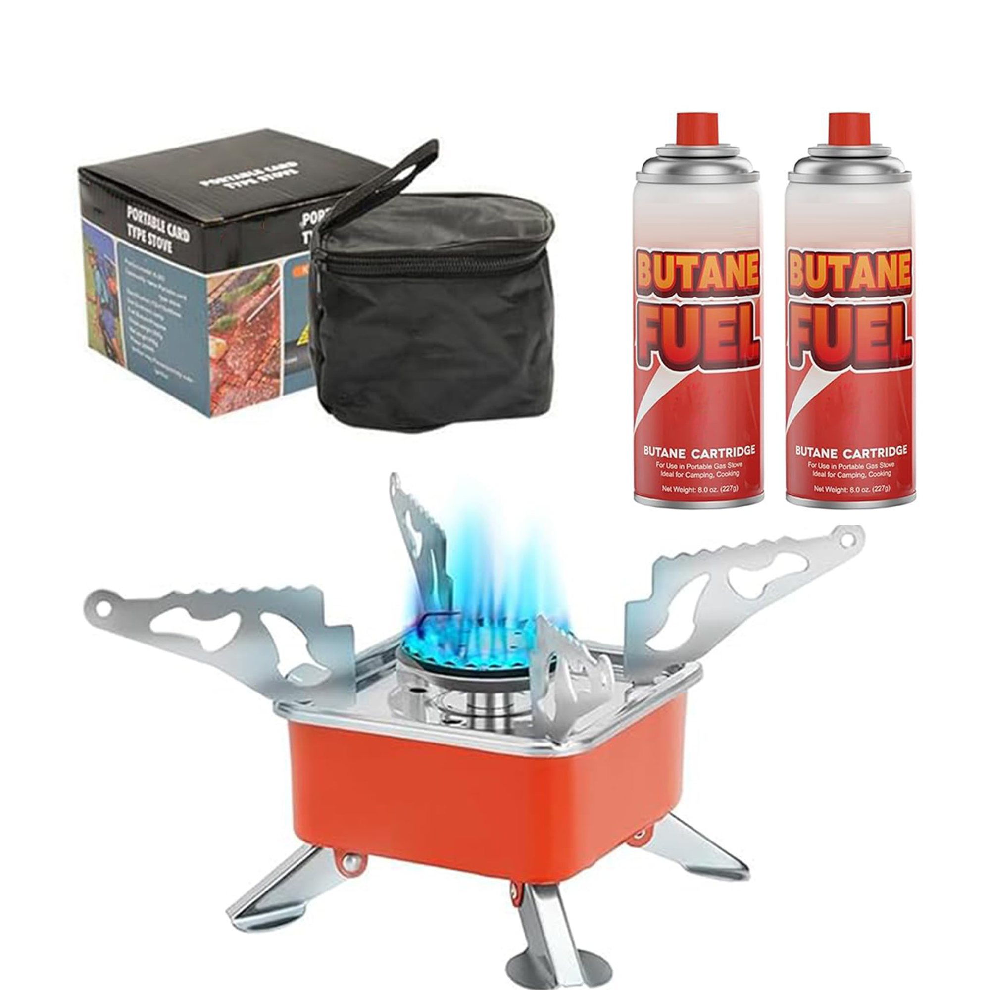 Portable Alloy Steel Butane Gas Stove (Stove + 2 Refills) | Folding Lightweight Camping Burner for Travel, Hiking & Emergency Use