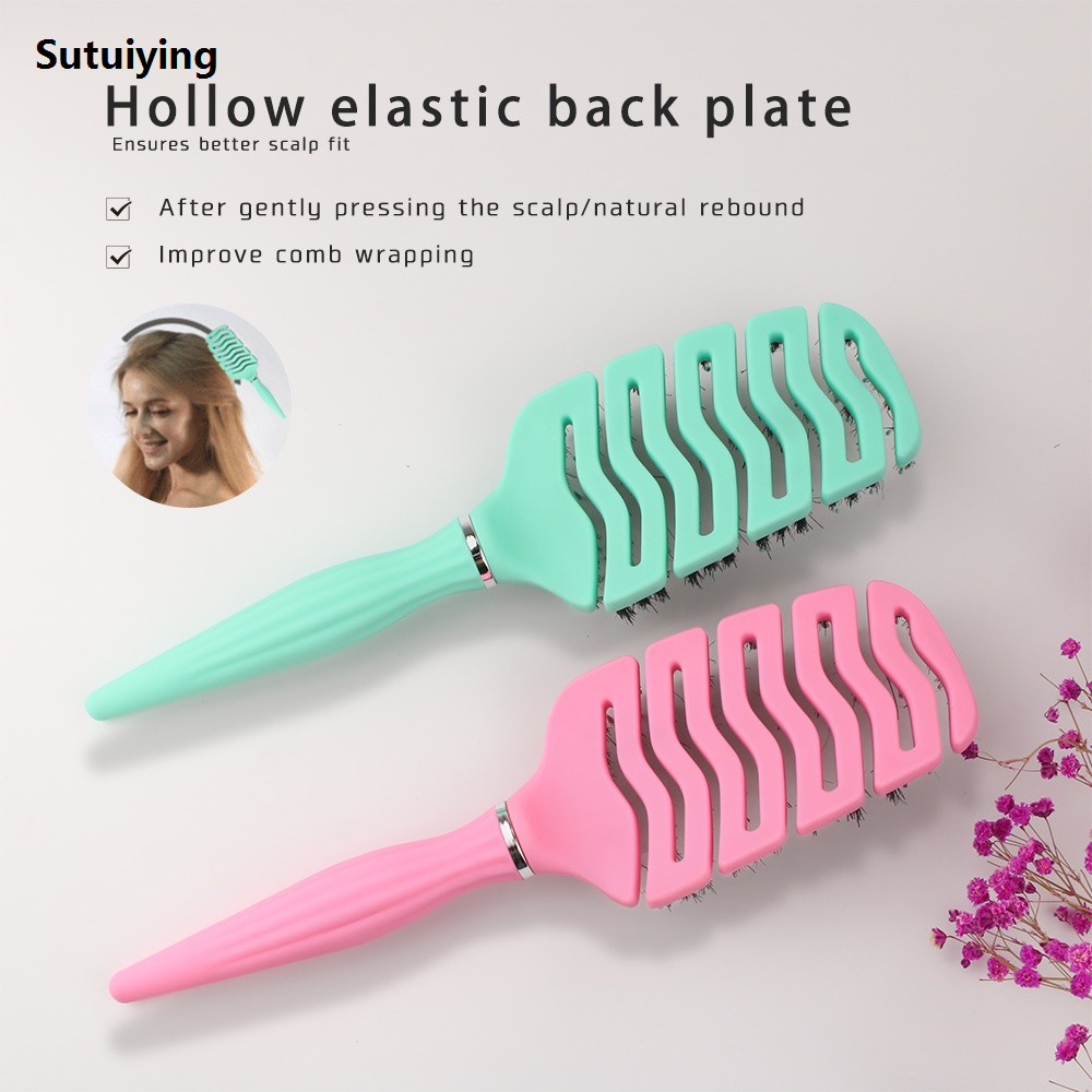 Sutuiying NEW Hollow Vented Paddle Detangler curved Bristle Nylon Hairbrush Curly Detangle Hair Brush Eco-friendly Waterproof Massage