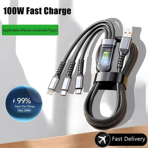 3 in 1 USB Cable Fast Charging, Transparent Luminous 100w Super Fast Charging Cable, LED Indicator, Durable Nylon braiding, Charging Solution for Type-C, iPhons, and Android Devices