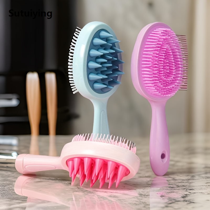 Sutuiying 1pc Silicone Long Handle Hair Washing and Massage Brush, Sales promotion with Two Brush Heads for Deeper Scalp Massage Hair Brush