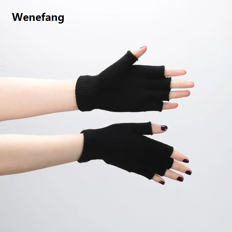 Wenefang 1Pair Black Half Finger Fingerless Gloves for Women and Men Wool Knit Wrist Cotton Gloves Winter Warm Workout Gloves