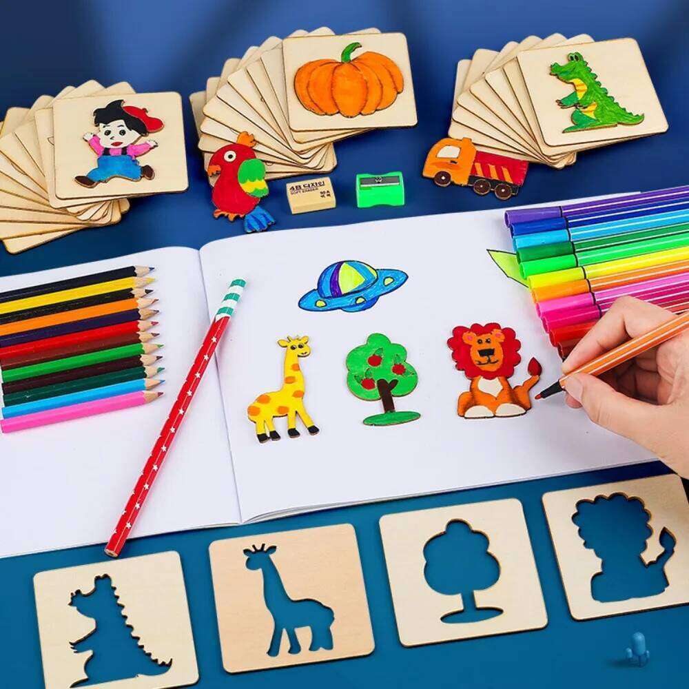 20Pcs Montessori Kids Drawing Wooden DIY Painting Template Stencils Learning Educational Toys for Children Christmas Gifts