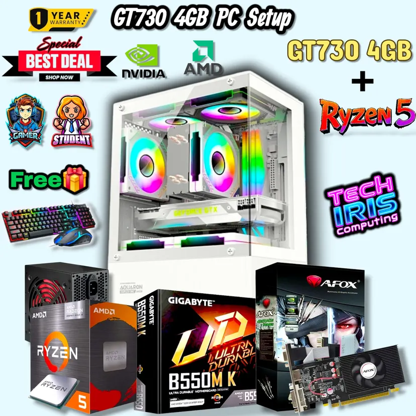 Gaming & Editing PC With Ryzen 5 5500/ 730 4GB Graphics/ 800Watt 80+ Bronze PSU, 16/8GB RAM, 256/512GB Nvme