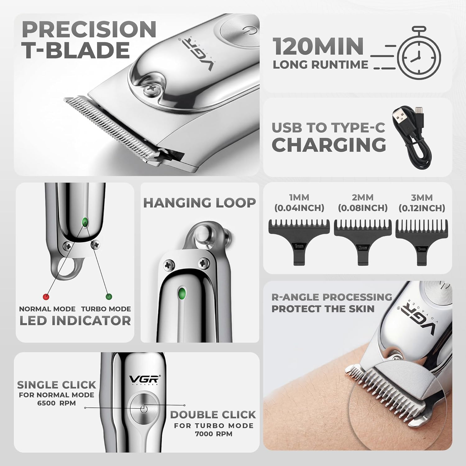 VGR Professional Beard Trimmer For Men, 2X Fast Charging, USB Type C,, Hair Trimmer, Shaving Machine, Cordless Beard,